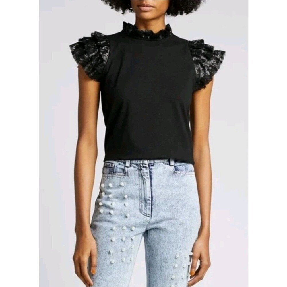 Women's Sea New York Rachelle Sequin Collar Sequin Flutter Sleeves Mock Neck Tee